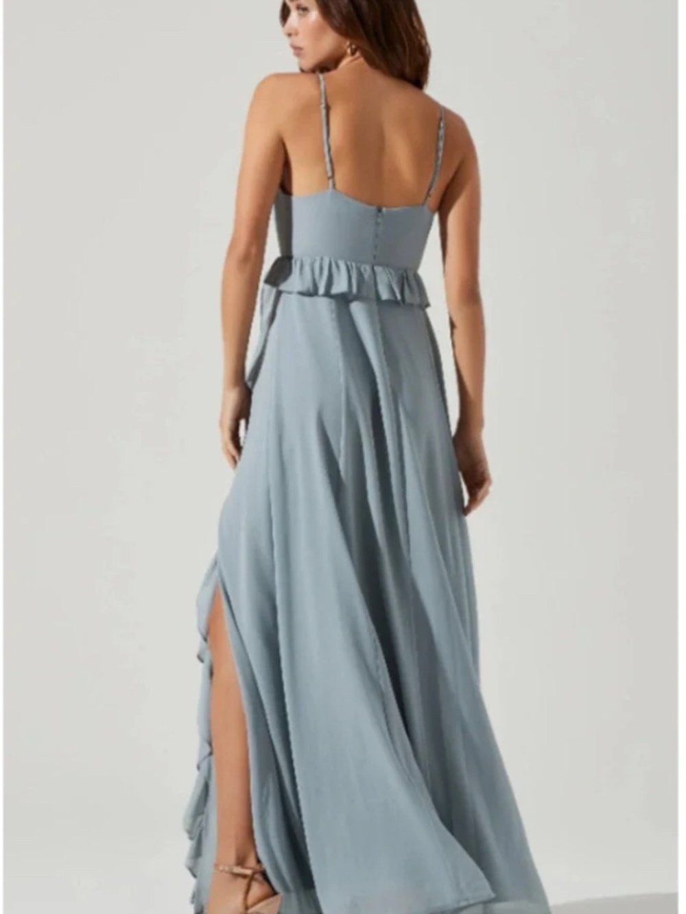 NWT ASTR The Label Adoria Ruffle Side Slit Maxi Dress Gown Dusty Blue - Picture 4 of 10
